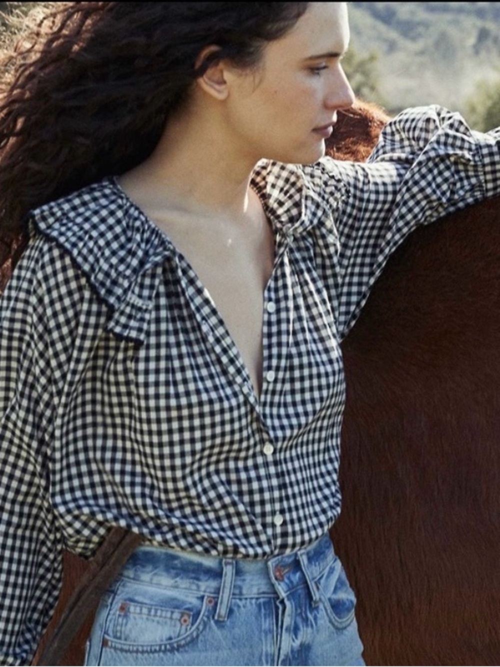 Rare DÔEN Seychelles Gingham Ruffle Organic Cotton Long Sleeve Blouse Size M - Picture 2 of 8